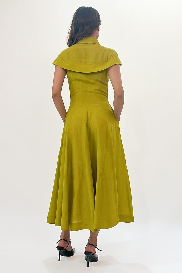Green Linen Panelled Maxi Vacation Dress by LEH STUDIOS at Pernia's Pop Up Shop