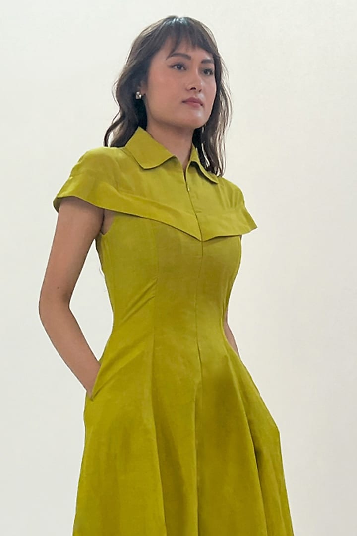 Green Linen Panelled Maxi Vacation Dress by LEH STUDIOS at Pernia's Pop Up Shop