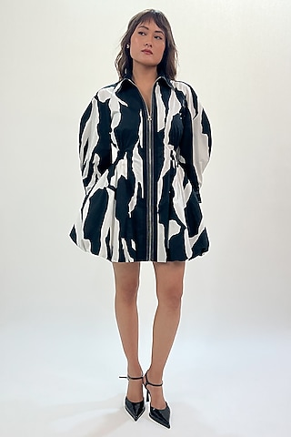 Black & White Cotton Abstract Printed Bubble Mini Dress by LEH STUDIOS