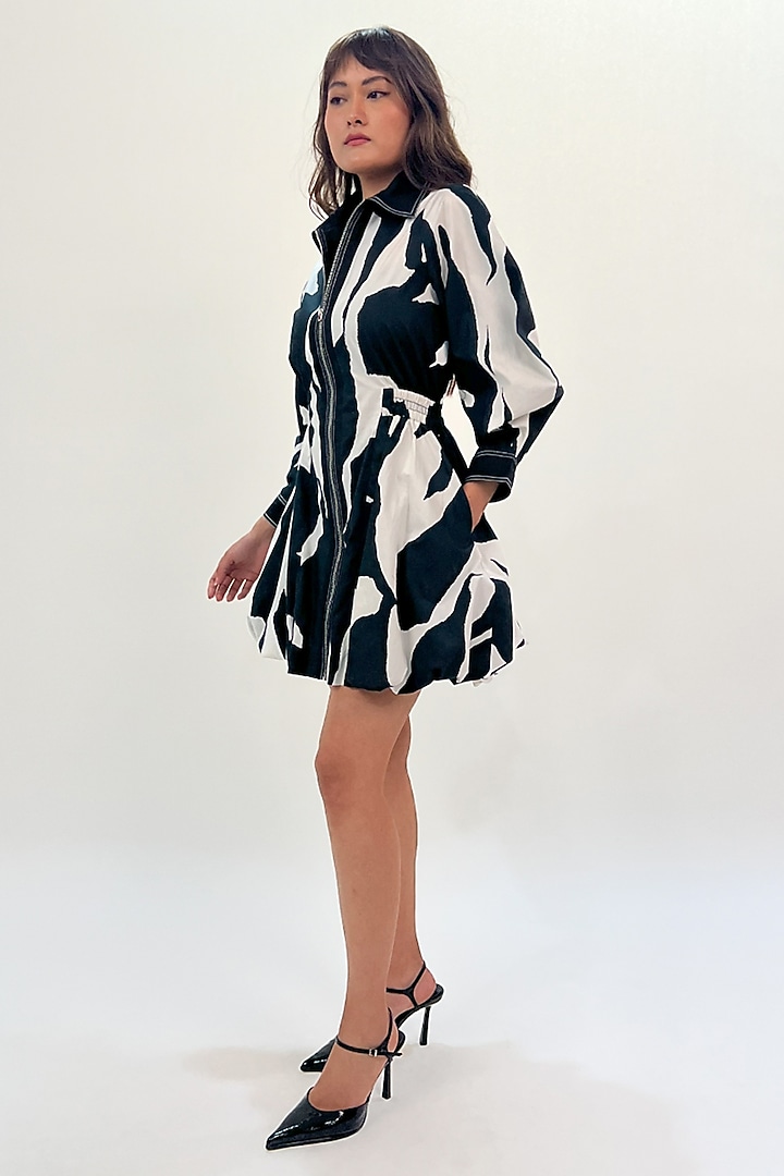 Black & White Cotton Abstract Printed Bubble Mini Vacation Dress by LEH STUDIOS at Pernia's Pop Up Shop