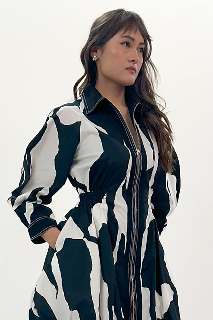 Black & White Cotton Abstract Printed Bubble Mini Vacation Dress by LEH STUDIOS at Pernia's Pop Up Shop
