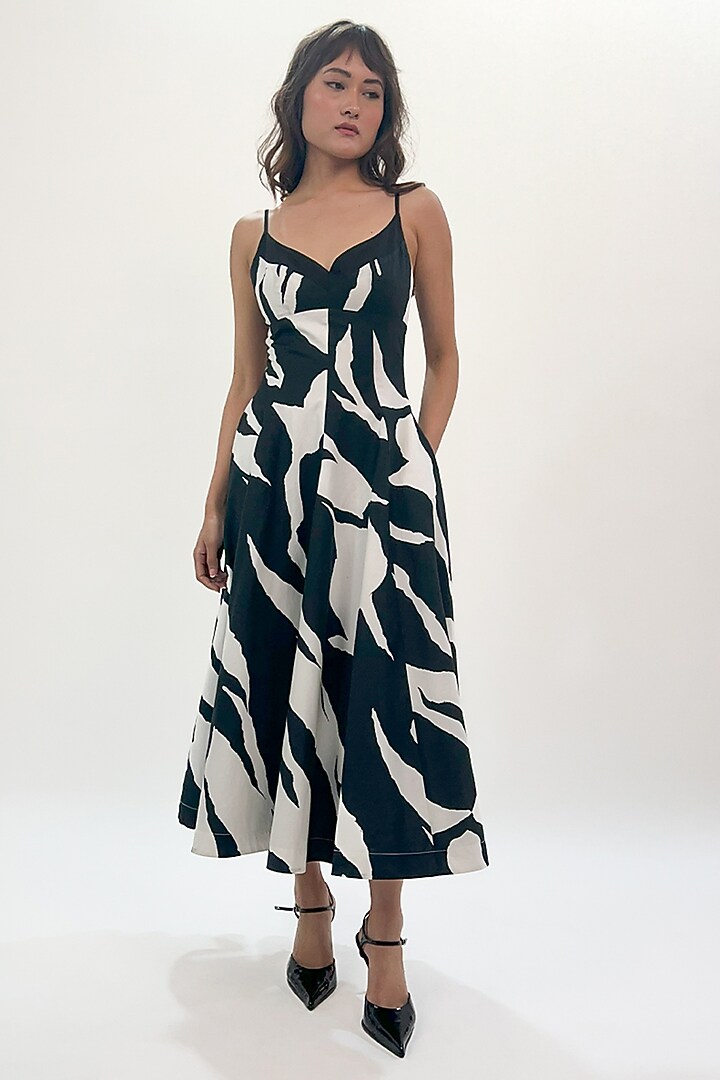 Black & White Cotton Abstract Printed Strappy Maxi Vacation Dress by LEH STUDIOS at Pernia's Pop Up Shop