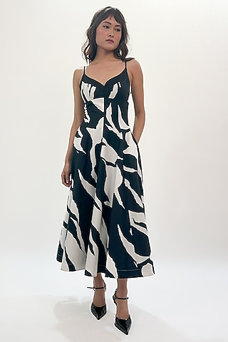 Black & White Cotton Abstract Printed Strappy Maxi Dress by LEH STUDIOS