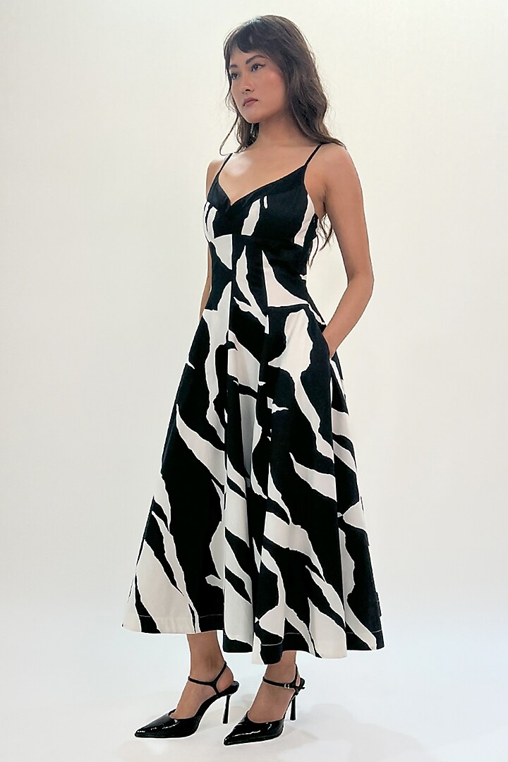 Black & White Cotton Abstract Printed Strappy Maxi Vacation Dress by LEH STUDIOS at Pernia's Pop Up Shop
