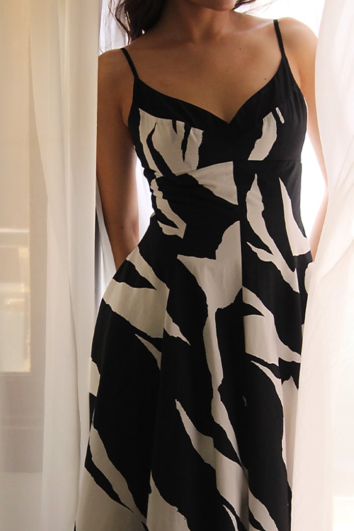 Black & White Cotton Abstract Printed Strappy Maxi Vacation Dress by LEH STUDIOS at Pernia's Pop Up Shop