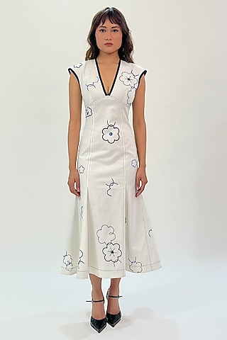 White Cotton Sequins Embellished Backless Maxi Dress by LEH STUDIOS