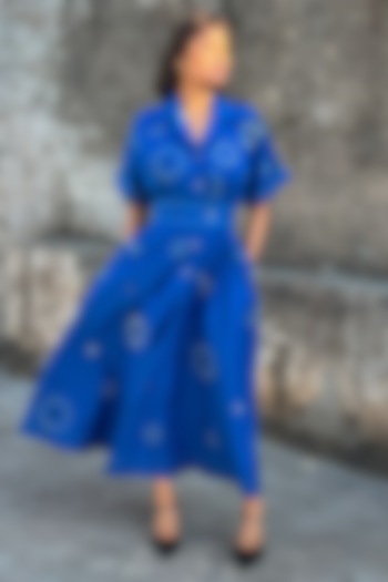 Blue Cotton Sequins Floral Embellished Maxi Vacation Dress by Leh at Pernia's Pop Up Shop