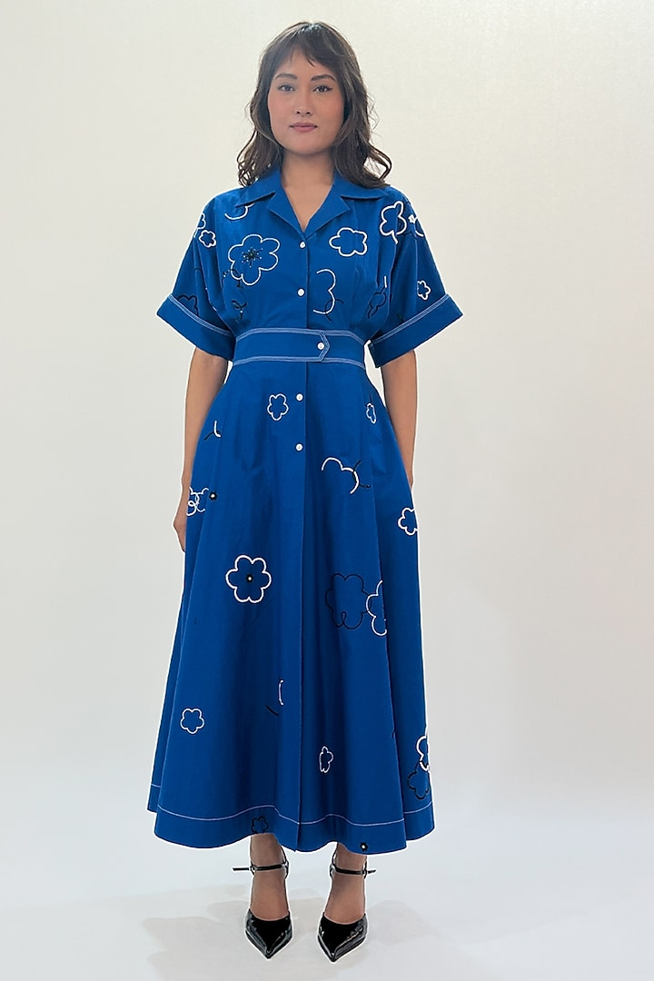 Blue Cotton Sequins Floral Embellished Maxi Vacation Dress by LEH STUDIOS at Pernia's Pop Up Shop