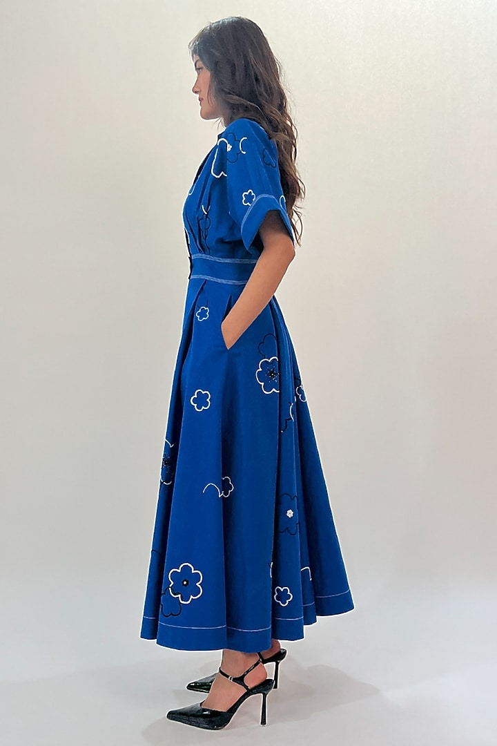 Blue Cotton Sequins Floral Embellished Maxi Vacation Dress by LEH STUDIOS at Pernia's Pop Up Shop