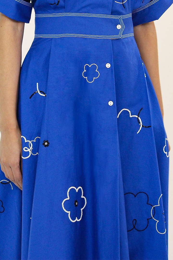 Blue Cotton Sequins Floral Embellished Maxi Vacation Dress by LEH STUDIOS at Pernia's Pop Up Shop