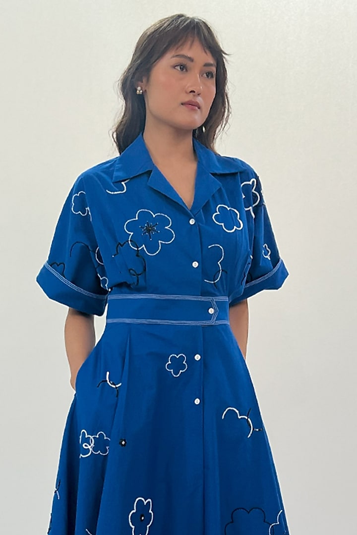 Blue Cotton Sequins Floral Embellished Maxi Vacation Dress by LEH STUDIOS at Pernia's Pop Up Shop