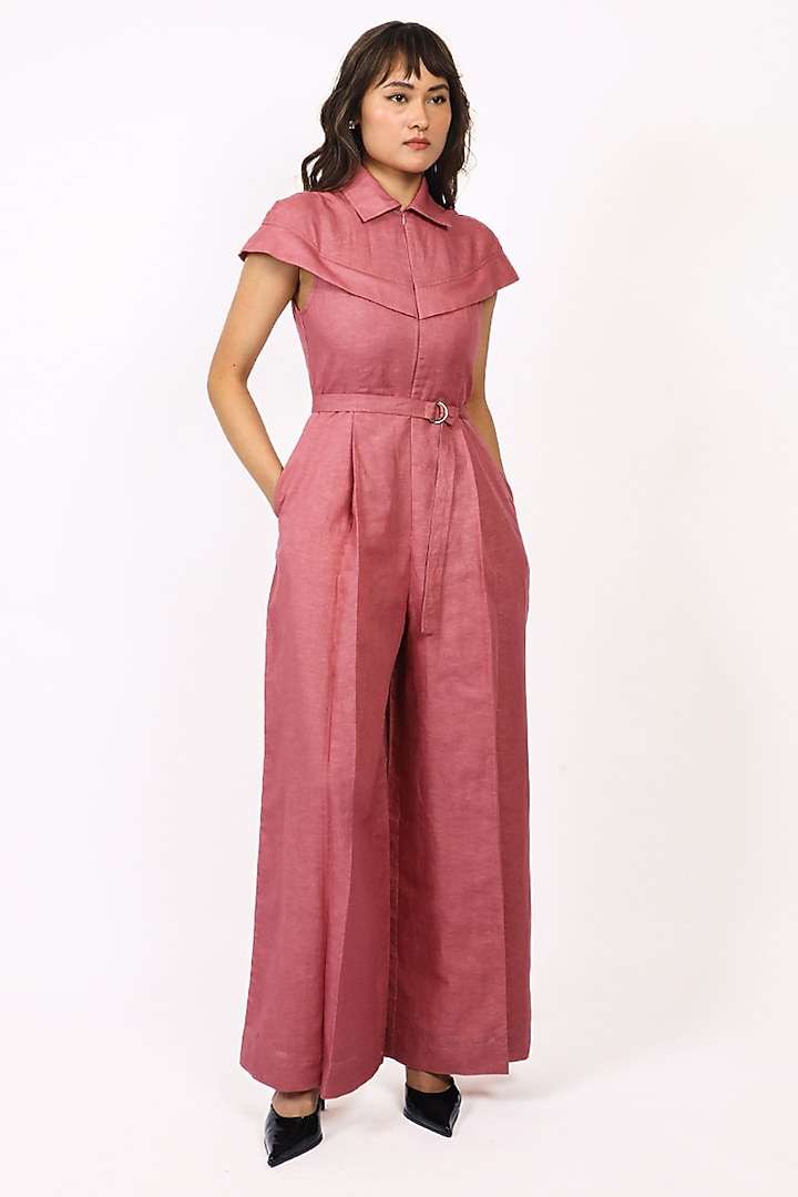 Plum Linen Pleated Jumpsuit with Belt by Leh at Pernia's Pop Up Shop