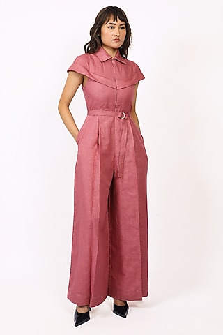 Plum Linen Pleated Jumpsuit with Belt by LEH STUDIOS