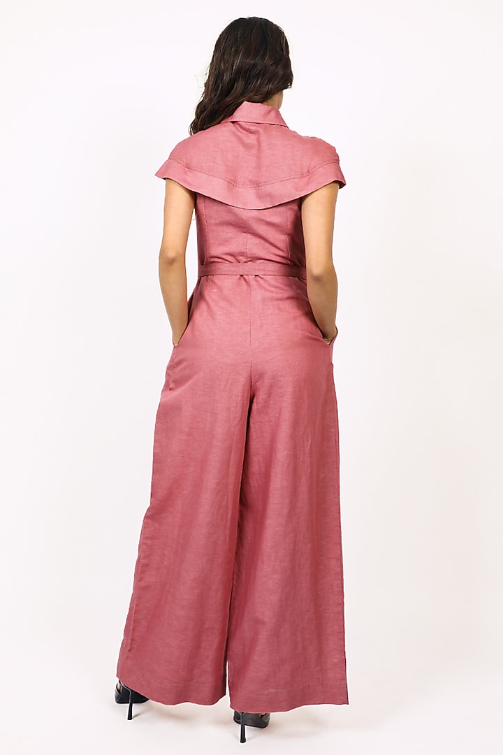 Plum Linen Pleated Jumpsuit with Belt by LEH STUDIOS at Pernia's Pop Up Shop