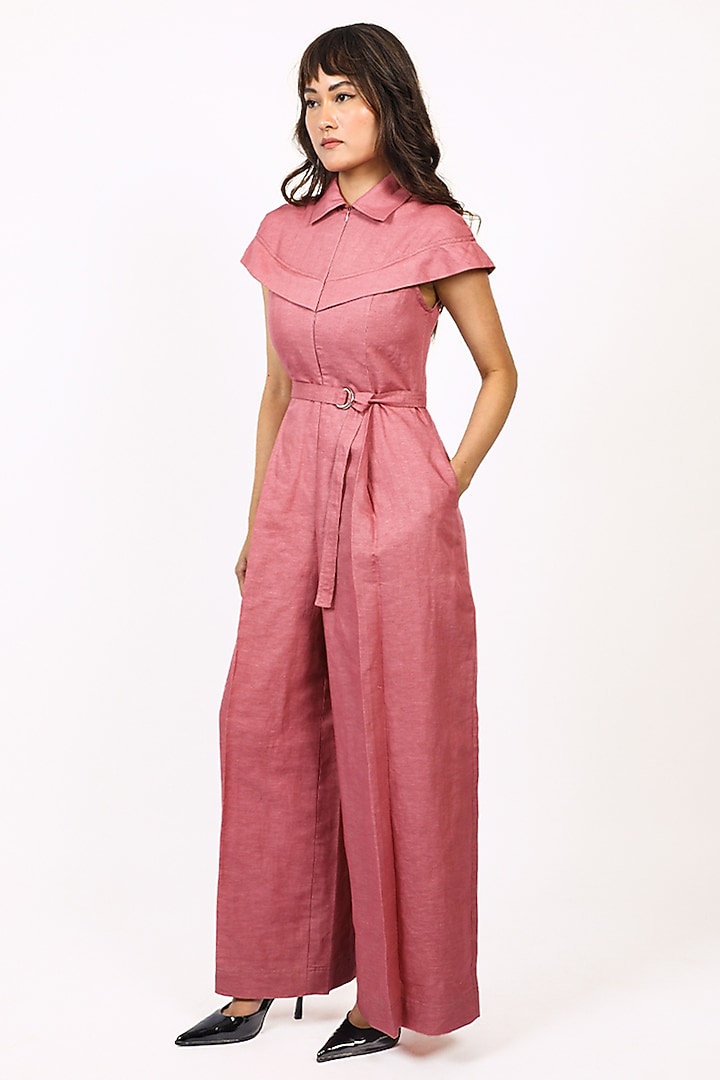 Plum Linen Pleated Jumpsuit with Belt by LEH STUDIOS at Pernia's Pop Up Shop