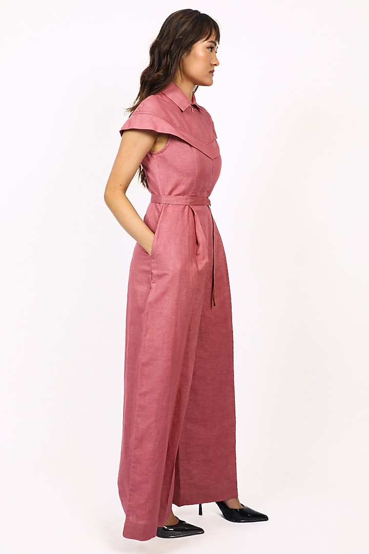 Plum Linen Pleated Jumpsuit with Belt by LEH STUDIOS at Pernia's Pop Up Shop