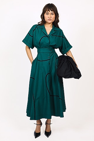 Green Cotton Stem Maxi Dress by LEH STUDIOS