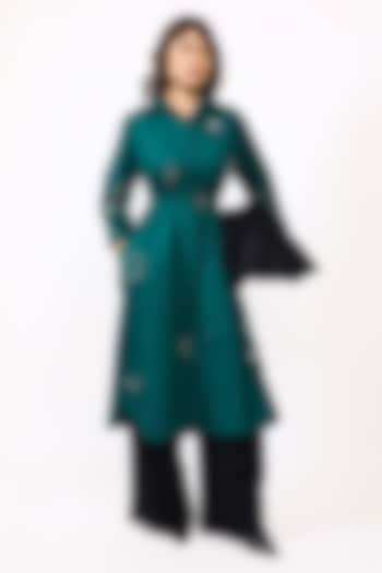 Green Cotton Floral Embellished Midi Vacation Shirt Dress by LEH STUDIOS at Pernia's Pop Up Shop