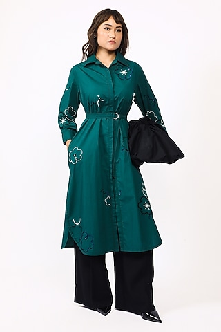 Green Cotton Floral Embellished Midi Shirt Dress by LEH STUDIOS
