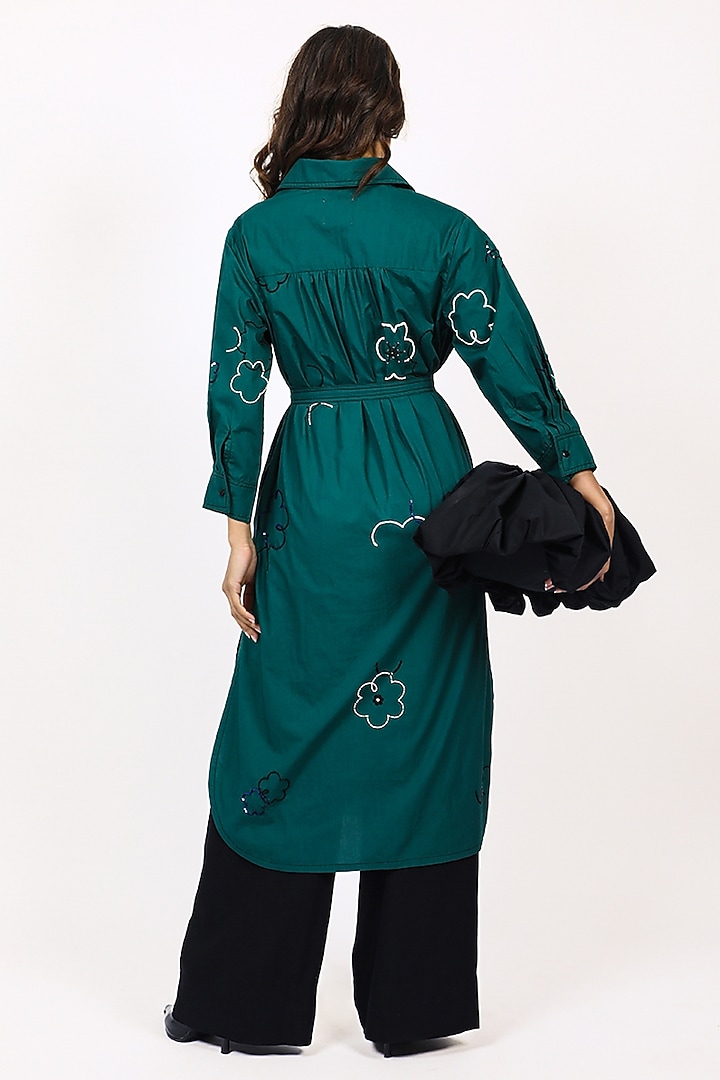 Green Cotton Floral Embellished Midi Vacation Shirt Dress by LEH STUDIOS at Pernia's Pop Up Shop
