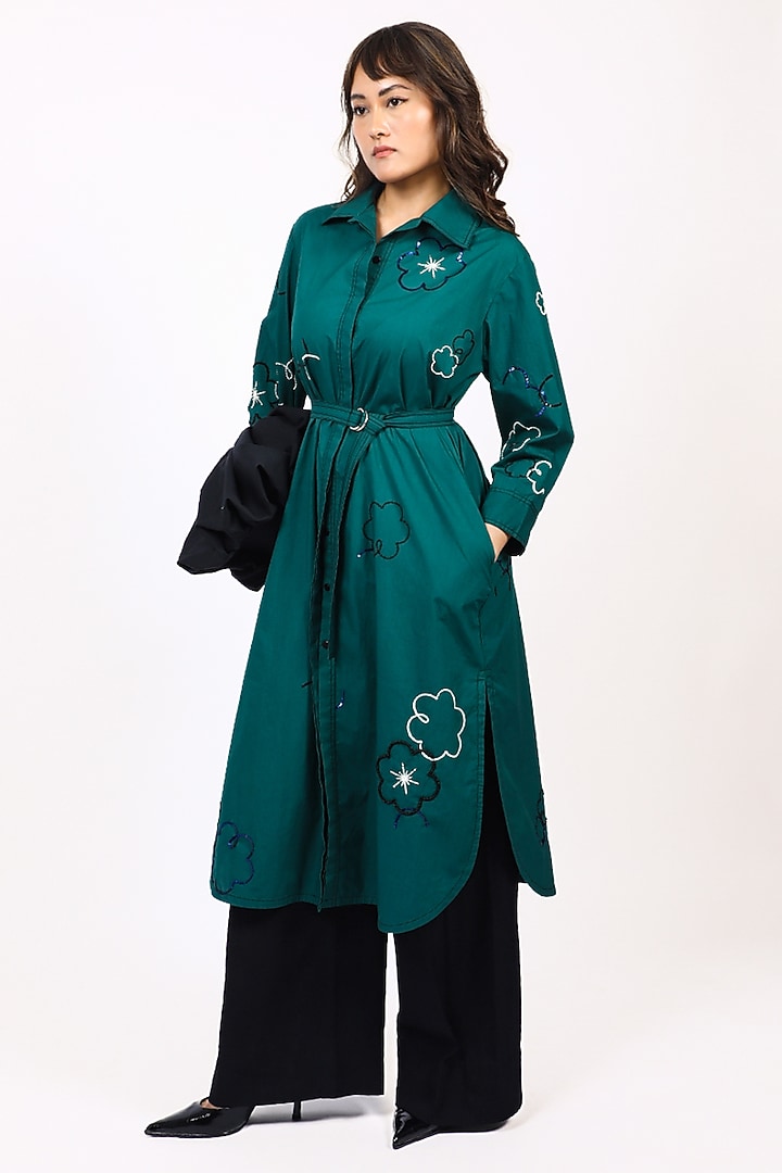 Green Cotton Floral Embellished Midi Vacation Shirt Dress by LEH STUDIOS at Pernia's Pop Up Shop