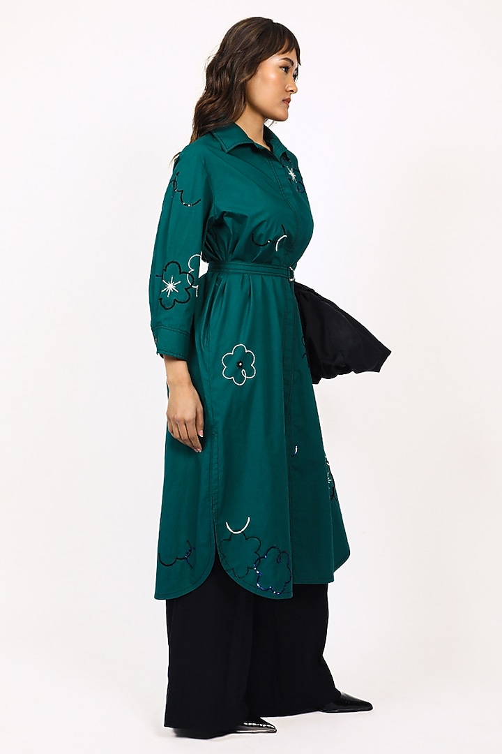 Green Cotton Floral Embellished Midi Vacation Shirt Dress by LEH STUDIOS at Pernia's Pop Up Shop