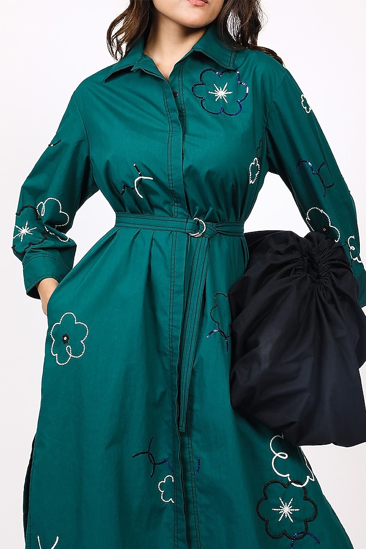 Green Cotton Floral Embellished Midi Vacation Shirt Dress by LEH STUDIOS at Pernia's Pop Up Shop