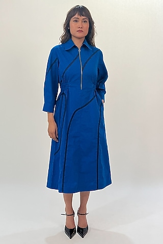 Blue Cotton Tape Midi Dress by LEH STUDIOS