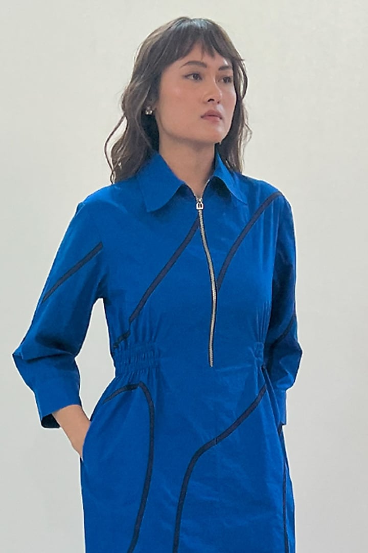 Blue Cotton Tape Midi Vacation Dress by LEH STUDIOS at Pernia's Pop Up Shop