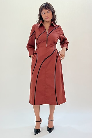 Brown & Black Cotton Tape Midi Dress by LEH STUDIOS