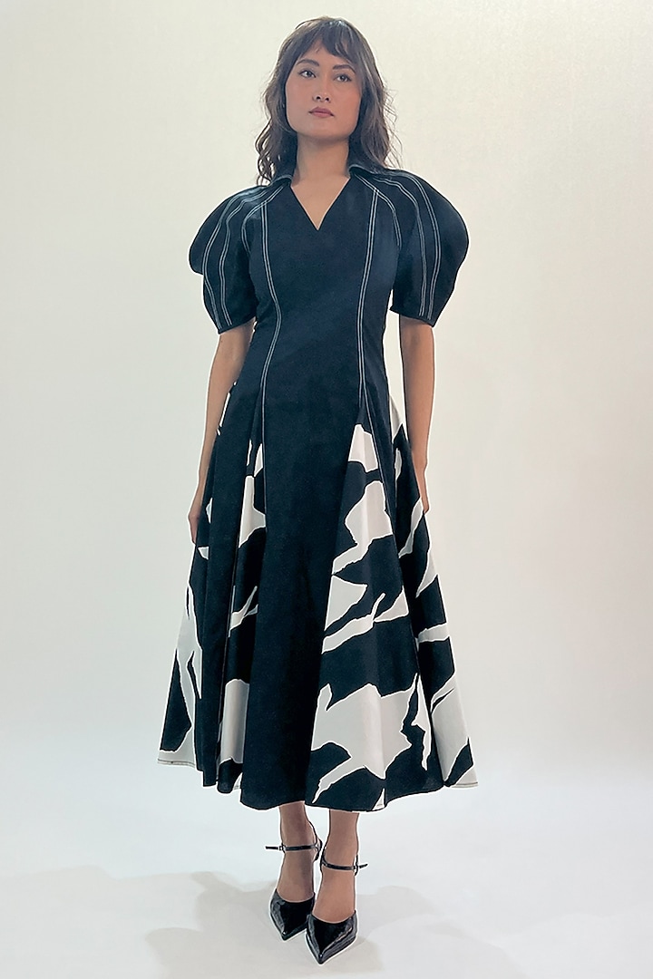 Black & White Cotton Printed Midi Vacation Dress by Leh  at Pernia's Pop Up Shop