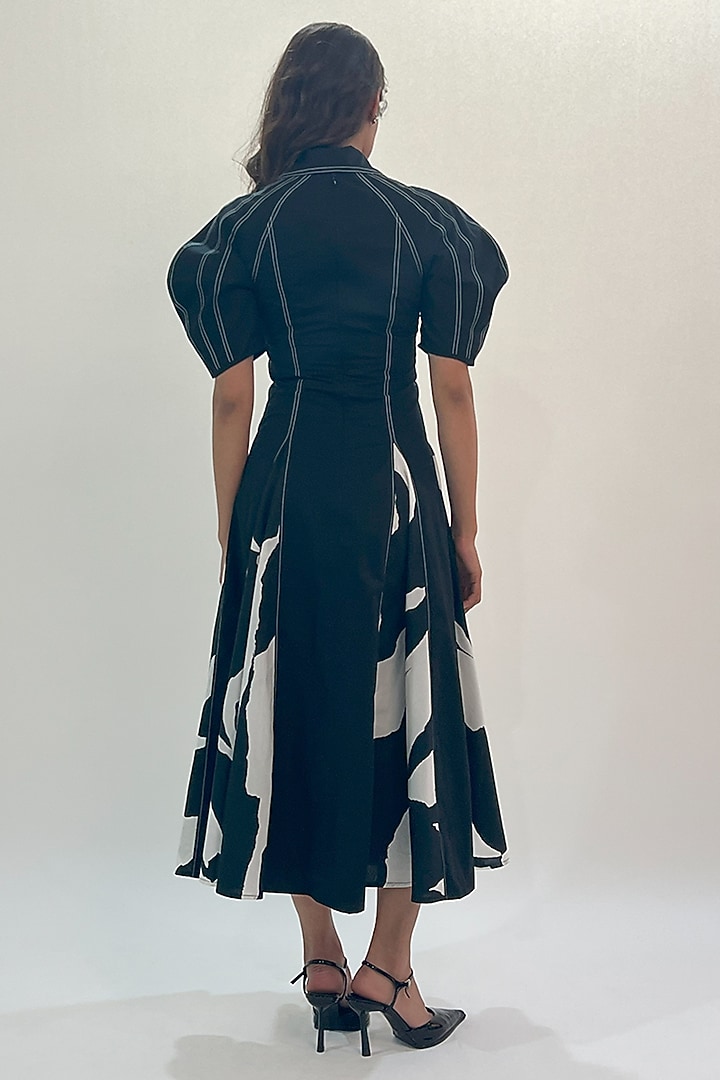 Black & White Cotton Printed Midi Vacation Dress by LEH STUDIOS at Pernia's Pop Up Shop