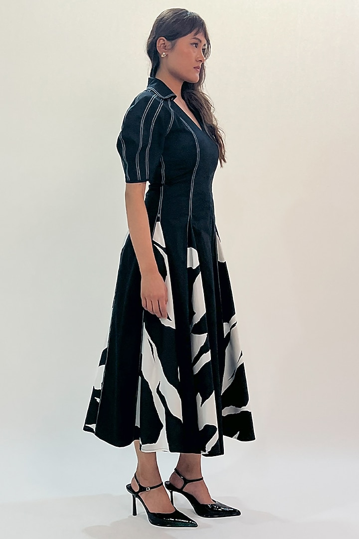Black & White Cotton Printed Midi Vacation Dress by LEH STUDIOS at Pernia's Pop Up Shop