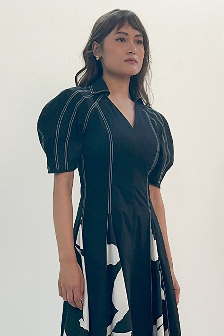 Black & White Cotton Printed Midi Vacation Dress by LEH STUDIOS at Pernia's Pop Up Shop