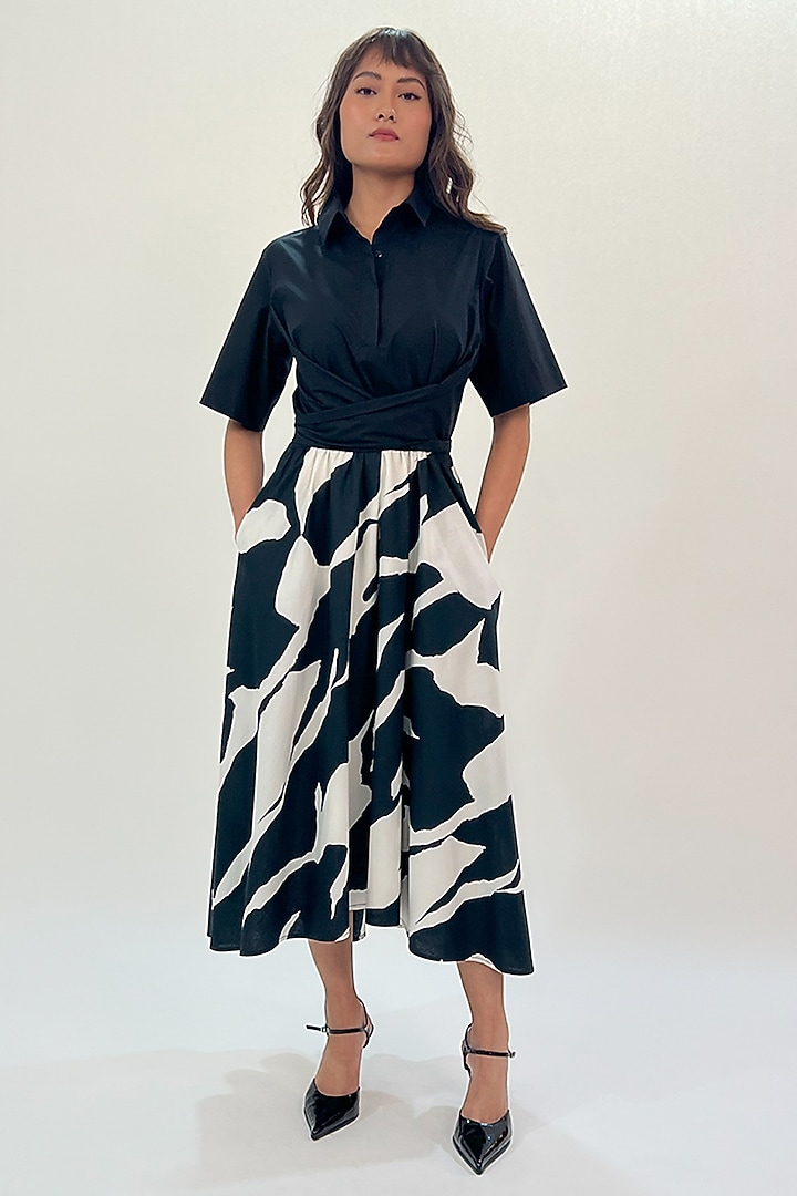 Black & White Cotton Printed Midi Vacation Dress by Leh  at Pernia's Pop Up Shop