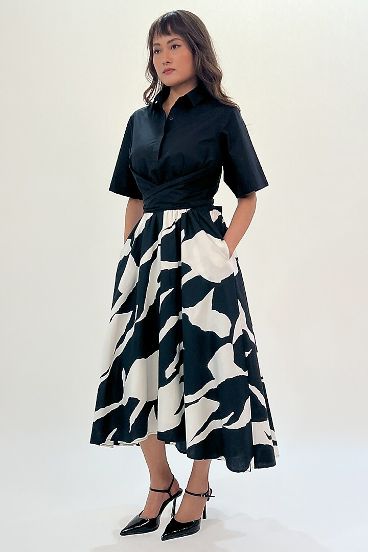 Black & White Cotton Printed Midi Vacation Dress by LEH STUDIOS at Pernia's Pop Up Shop