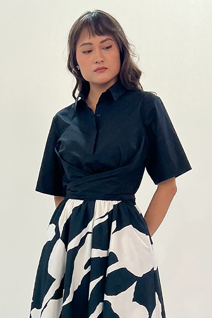 Black & White Cotton Printed Midi Vacation Dress by LEH STUDIOS at Pernia's Pop Up Shop