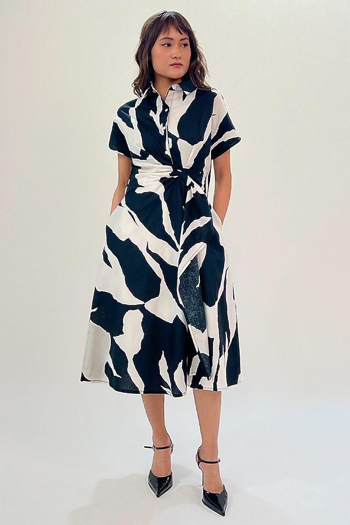 Black & White Cotton Printed Midi Vacation Dress by Leh  at Pernia's Pop Up Shop