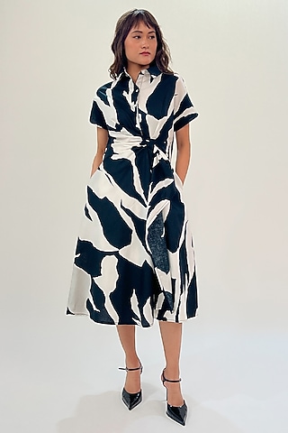 Black & White Cotton Printed Midi Dress by LEH STUDIOS