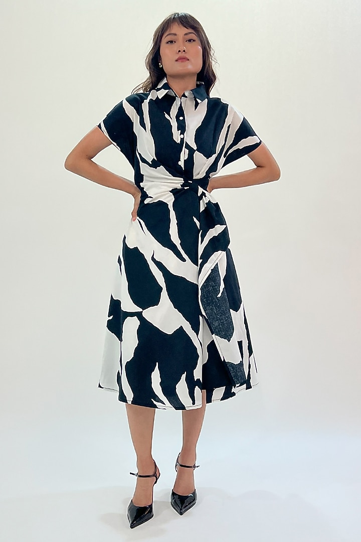 Black & White Cotton Printed Midi Vacation Dress by LEH STUDIOS at Pernia's Pop Up Shop