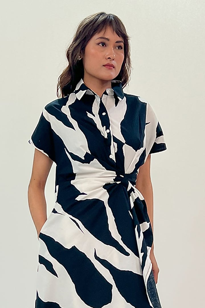 Black & White Cotton Printed Midi Vacation Dress by LEH STUDIOS at Pernia's Pop Up Shop