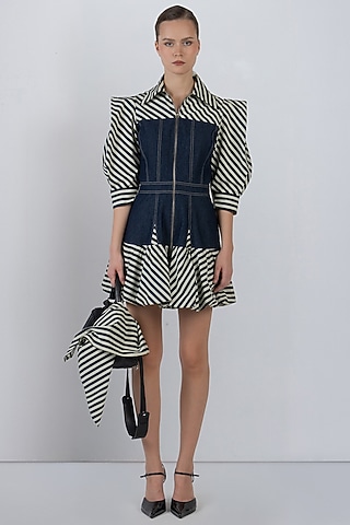 Denim Blue Cotton Striped Mini Dress by LEH STUDIOS