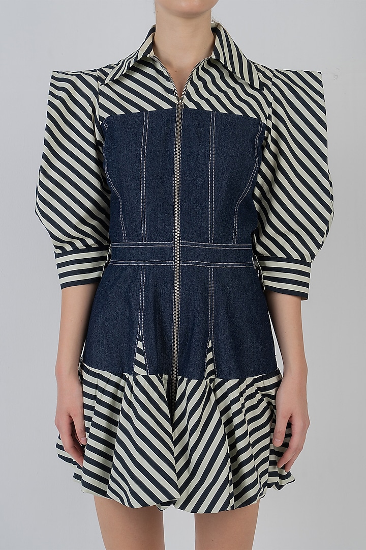 Denim Blue Cotton Striped Mini Vacation Dress by LEH STUDIOS at Pernia's Pop Up Shop
