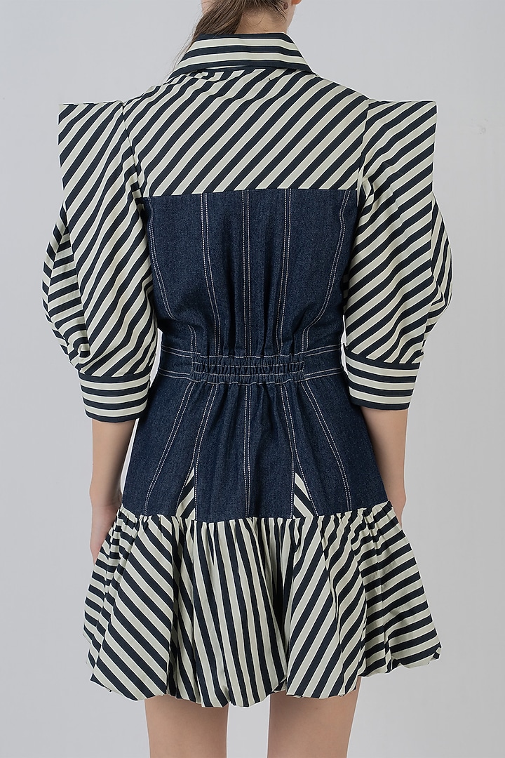 Denim Blue Cotton Striped Mini Vacation Dress by LEH STUDIOS at Pernia's Pop Up Shop
