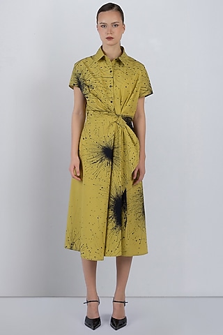 Lime Yellow Cotton Poplin Asymmetrical Midi Dress by LEH STUDIOS