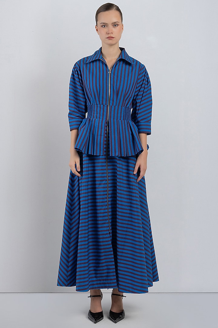 Blue Cotton Striped Midi Vacation Dress by LEH STUDIOS at Pernia's Pop Up Shop