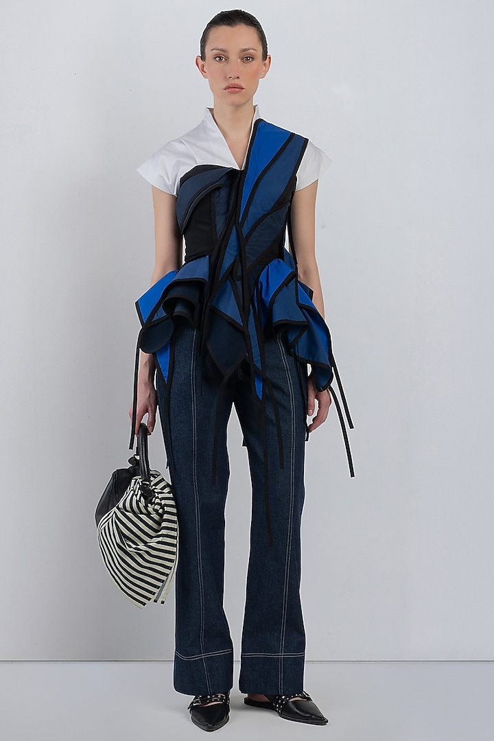 Navy Blue & White Cotton Asymmetrical Top by LEH STUDIOS at Pernia's Pop Up Shop