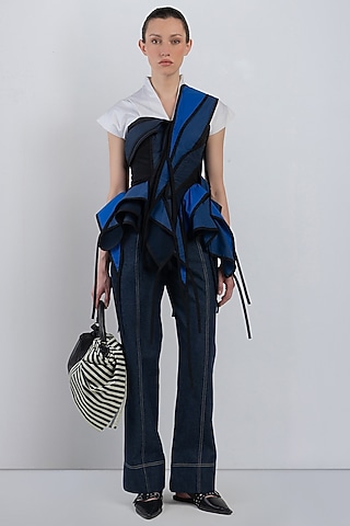 Navy Blue & White Cotton Asymmetrical Top by LEH STUDIOS