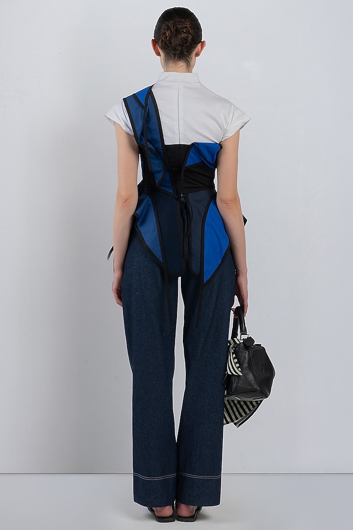 Navy Blue & White Cotton Asymmetrical Top by LEH STUDIOS at Pernia's Pop Up Shop
