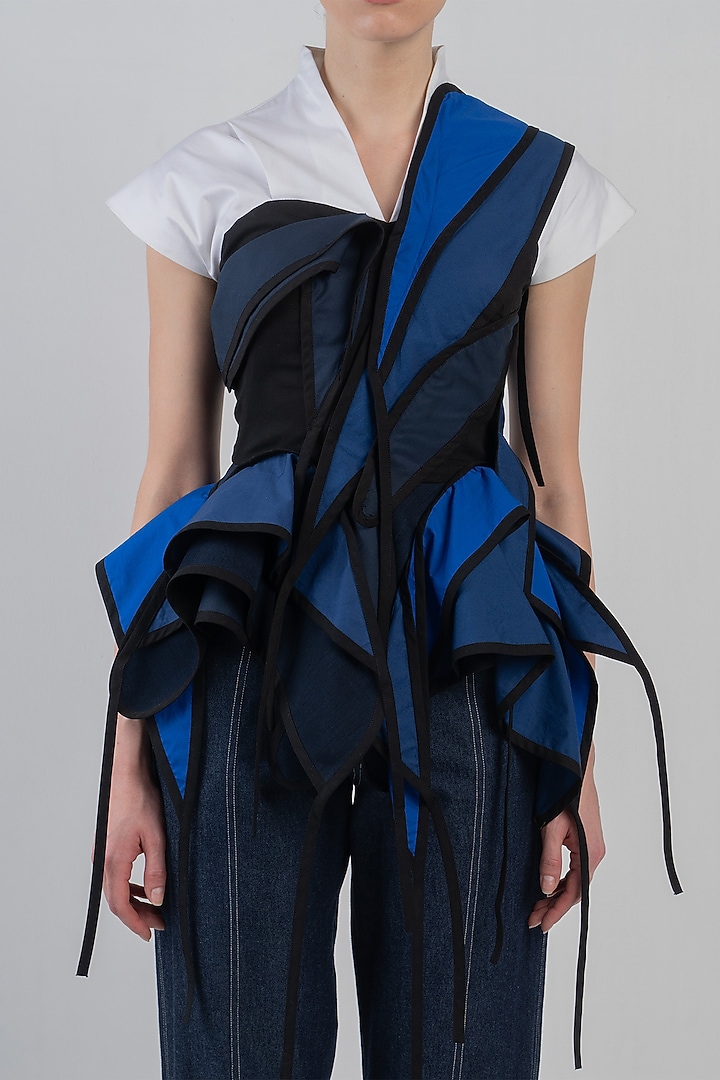 Navy Blue & White Cotton Asymmetrical Top by LEH STUDIOS at Pernia's Pop Up Shop